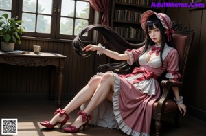 A woman in a red and white dress sitting on a couch.