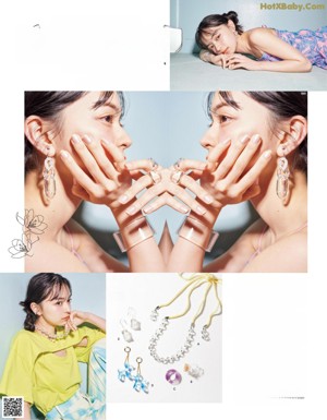 A magazine spread with a woman wearing a necklace and earrings.