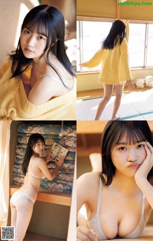 A woman in a white bra top is holding a yellow towel.