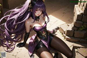 A woman with purple hair wearing a purple hat.